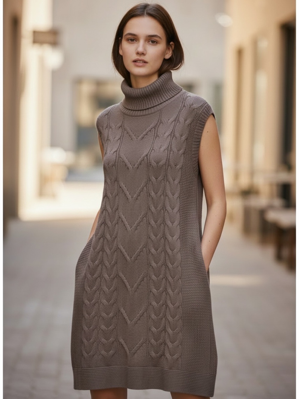 BCBGeneration Taupe Cable Knit Sleeveless Turtleneck Dress
